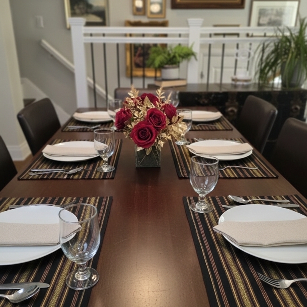 Set of 5 Vintage Brocade Placemats Black Gold Red Stripe Woven Table Linens